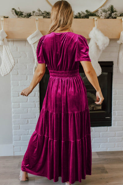 Deep Rose Pink V-neck Velvet Maxi Dress with Smocked Waist