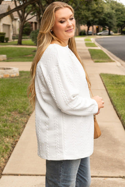 Curvy White Long Sleeve Cable Knit Textured Top