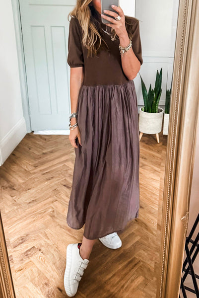 Brown Short Sleeve Knit Top Patchwork Maxi Dress