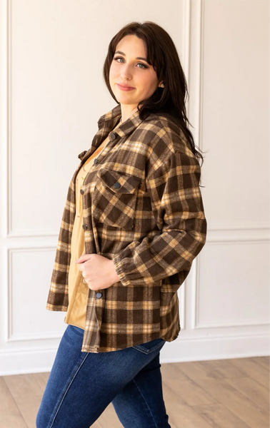 Brown Plaid Shacket with Elastic Gathered Wrists