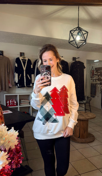 White Plaid Christmas Tree Patchwork with Pearl Details Sweatshirt Pullover