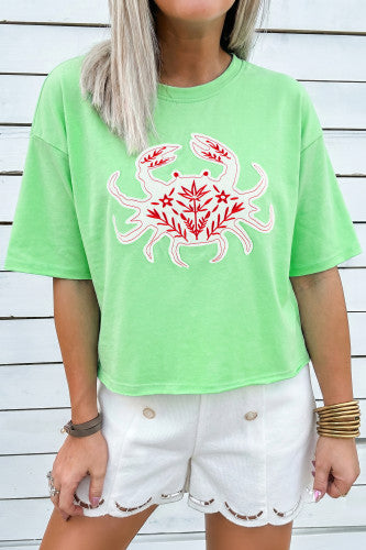 Oversized Embroidered Crab Green Top