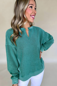 Teal Drop Shoulder Pullover with Notch V-neck