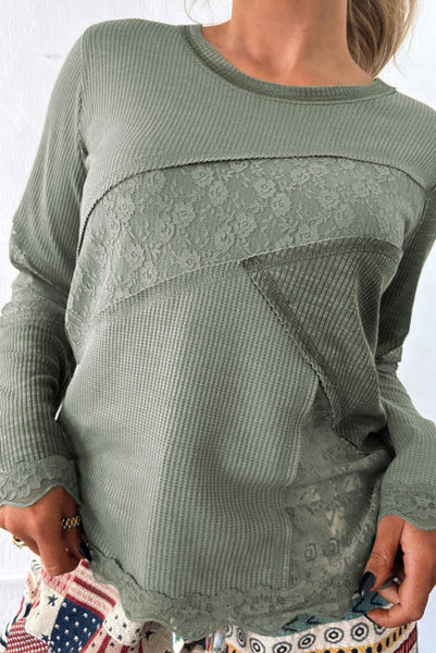 Sage Green Mixed Material Patchwork Long Sleeve Top with Lace Trim