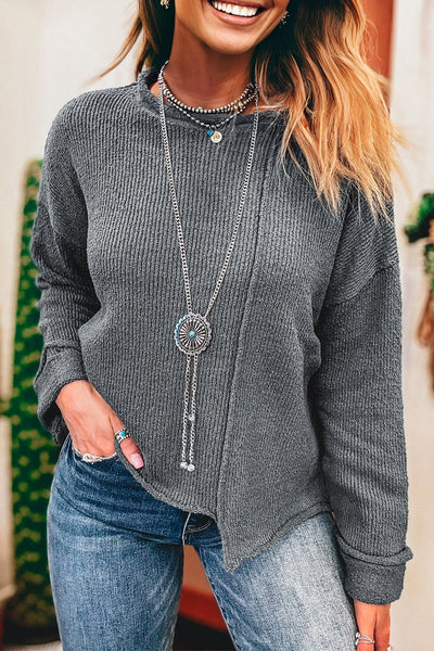Gray Raw Edge Uneven Hem Patchwork Sweater