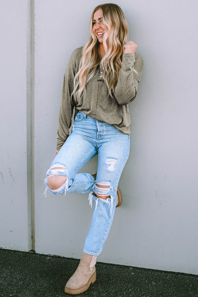 Olive Green Henley Long Sleeve Top