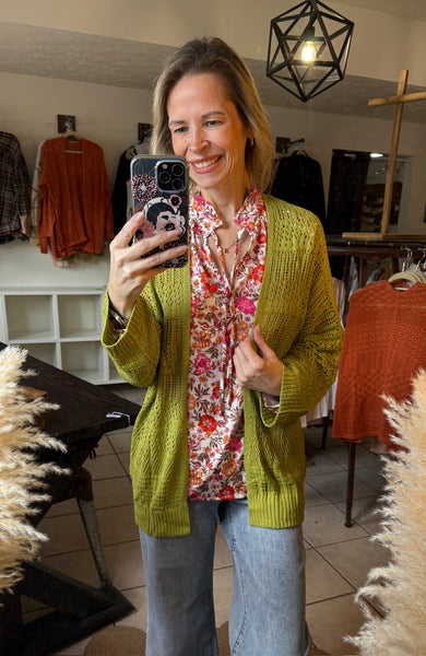 Green Open Front Hollow Knit Lightweight Cardigan