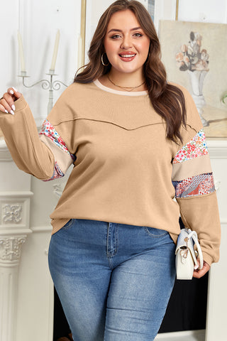 Curvy Khaki Long Sleeve Top with Patchwork Sleeves