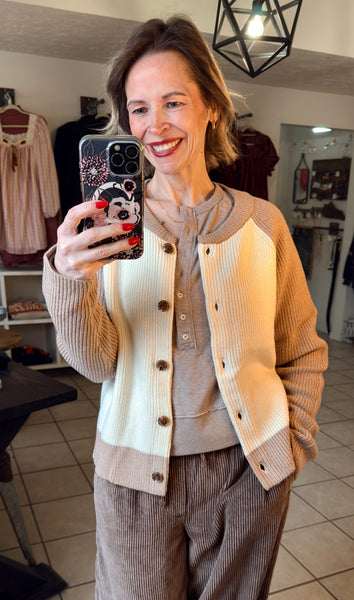 Light Mocha Brown and Creamy White Colorblock Button Front Cardigan