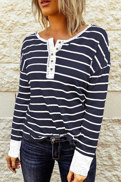 Navy Blue and White Striped Long Sleeve Waffle Textured Top