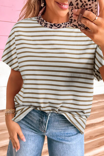 Khaki Striped Top with Leopard Contrast Trim and Side Slits