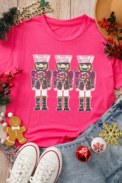 Rose Red Tee with Colorful Sequin Nutcrackers