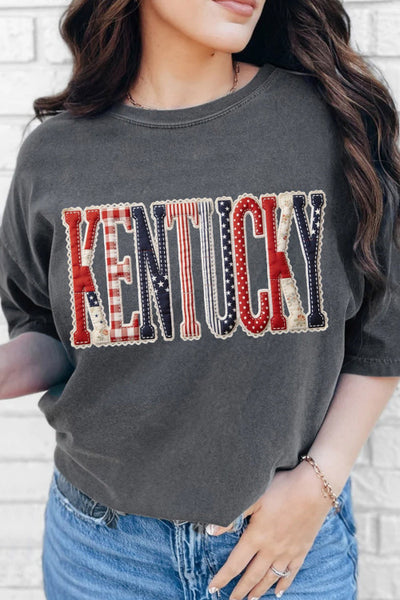 Heathered Gray Patchwork KENTUCKY Printed Tee - Patriotic - 4th of July - Memorial Day - Veteran's Day - USA