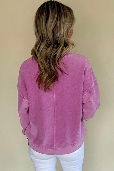 Pink Drop Shoulder Pullover with Notch V-neck