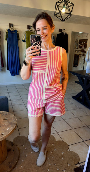 Pink and Cream Striped Patchwork Sleeveless Top and Shorts Set