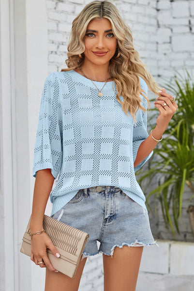 Lightweight Blue Eyelet Check Knit Summer Sweater with Half Length Sleeves