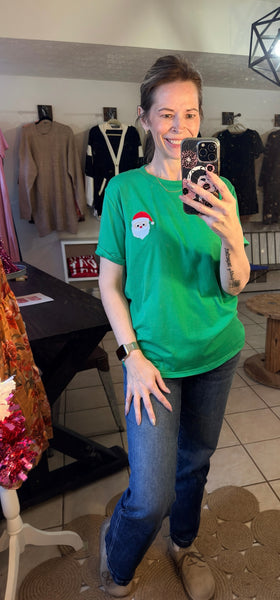 Green Tee with Embroidered Santa Pocket Design