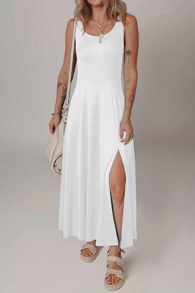 White Scoop Neck Tank Dress with Side Slit
