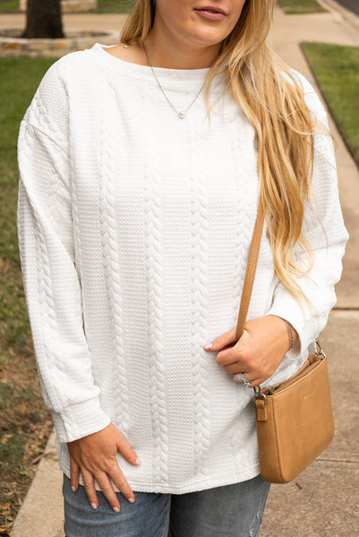 Curvy White Long Sleeve Cable Knit Textured Top