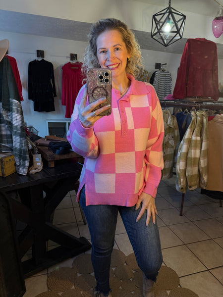 Pink Large Checkerboard Collared Half Button Sweater with Side Slits