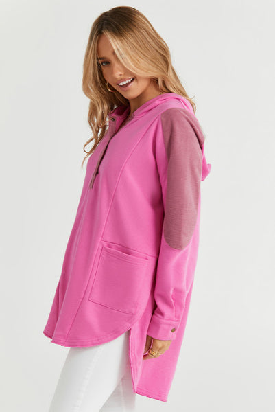 Oversized Mixed Material Henley Style Hooded Pullover with Scoop Hemline - Multiple Color Options