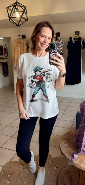 WANNA BE A BALLER SHOT CALLER Graphic on White Tee - Baseball Mom’s