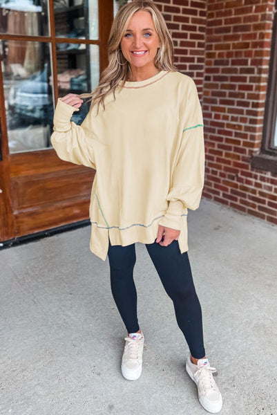 Cream Pullover with Multi-Color Contrast Stitching