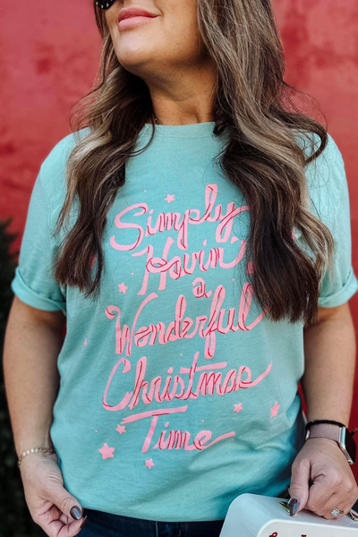 'Simply Havin' a Wonderful Christmas Time' Graphic Tee - Aqua Blue Tee - Pink Christmas - Bella Canvas