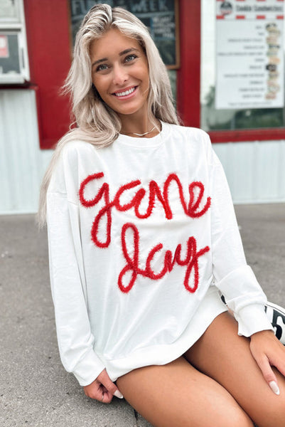 White Game Day Sweatshirt with Red Tinsel Lettering - Sports Mom - Basketball - Baseball - Football - Sports