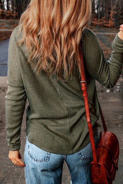 Olive Green V-neck Ribbed Long Sleeve Top