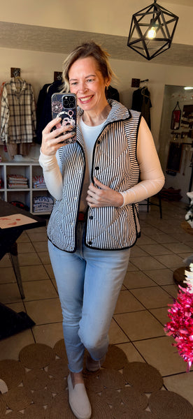 Quilted Black and White Striped Snap Up Vest