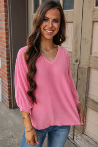 Pink Corded 3/4 Sleeve Top - Ribbed