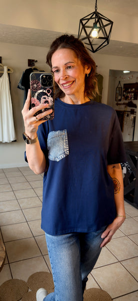 Navy Blue Tee with Functional Faux Denim Patch Pocket