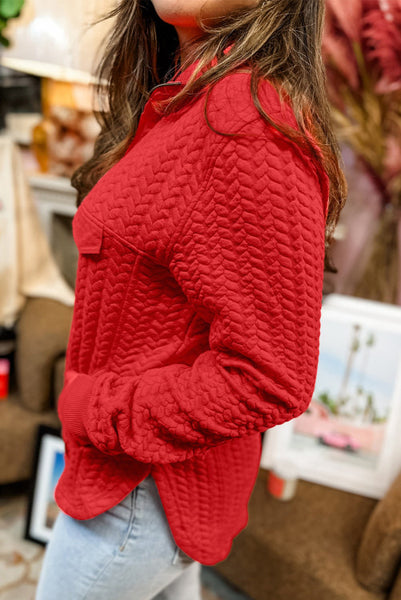 Tomato Quilted Quater Zip Pullover with Kangaroo Pocket