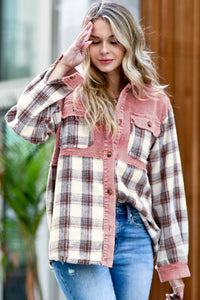 Pink Corduroy and Plaid Colorblocked Button Up Shacket