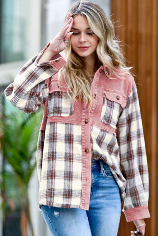 Pink Corduroy and Plaid Colorblocked Button Up Shacket