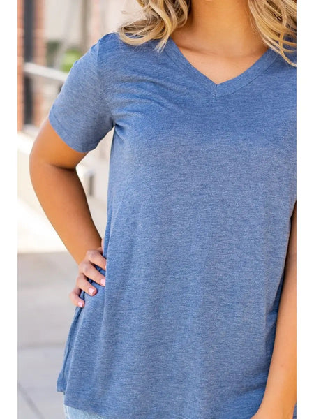 Basic Heathered Blue Short Sleeve V-neck Tee