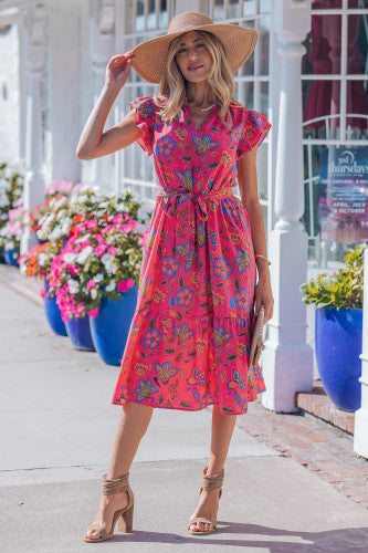 Rose Pink Floral Ruffle Sleeve Belted Midi Dress