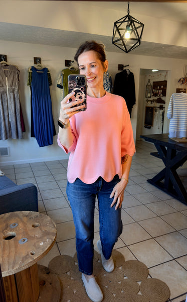 Pink Scalloped Edge Half Sleeve Spring Sweater