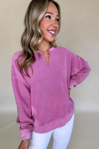 Pink Drop Shoulder Pullover with Notch V-neck