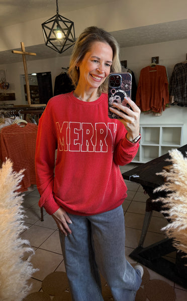 Red MERRY Graphic Corded Pullover - Christmas - Holiday