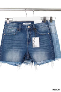 Medium Wash Raw Hem Mid-Lenth Shorts - Curvy and Regular Sizes