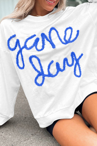 White with Blue Tinsel Lettering Game Day Sweatshirt - Sports Mom - Basketball - Baseball - Football - Sports