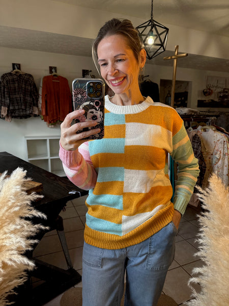 Multicolor Striped Colorblock Lightweight Sweater