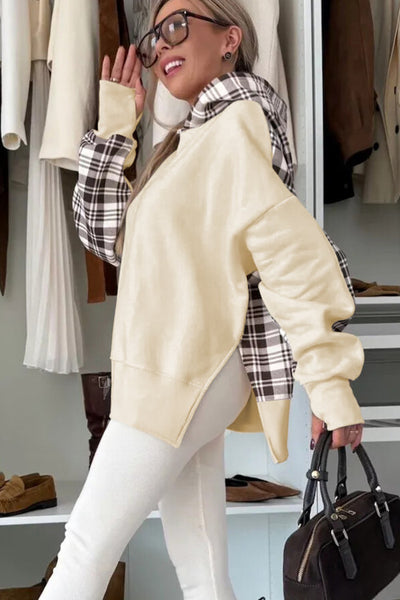 Cream and Brown Plaid Hooded Pullover with Side Slits and Thumbholes