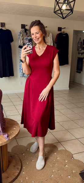 Red Dahlia V-Neck Flared Midi Dress