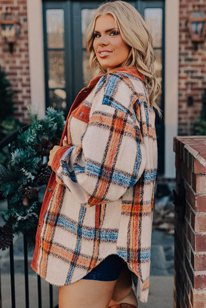 Curvy Orange and Blue Plaid Cozy Button Up Shacket