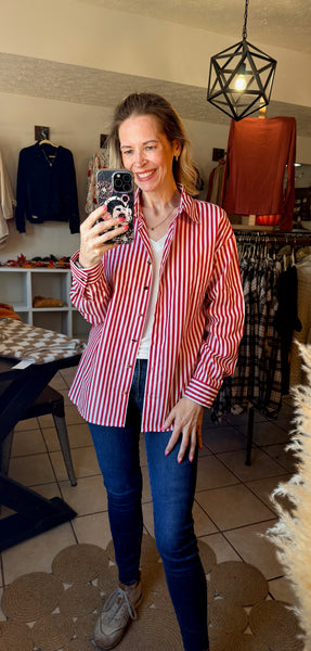 Red and White Striped Button Up Long Sleeve Top