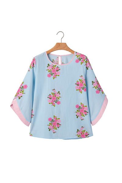 Sky Blue Floral 3/4 Sleeve Top