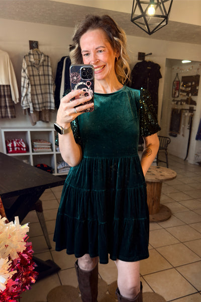 Evergreen Velvet Tiered Flowy Skirt with Sequined Puff Sleeves